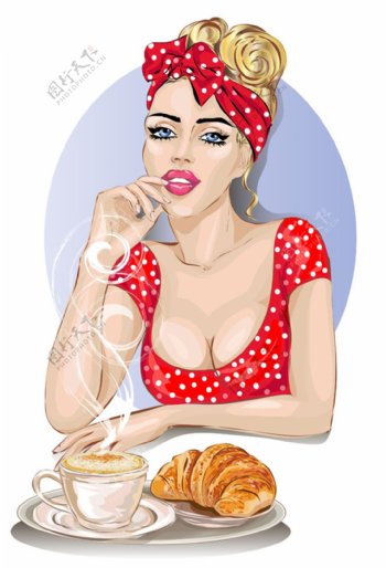 面包咖啡与美女插画图片