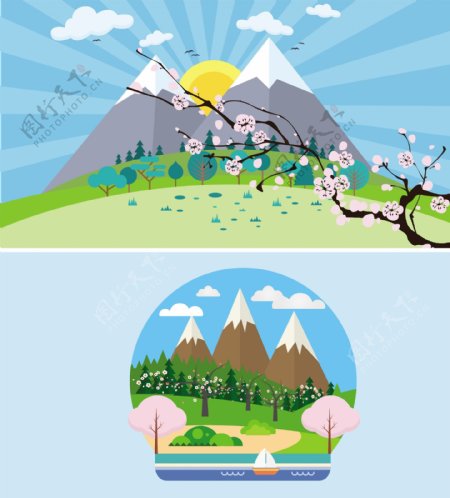 富士山景色矢量插图