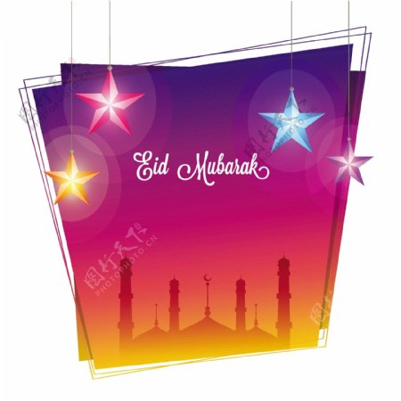 EidMubarak贺卡设计清真寺色彩鲜明挂星装饰华丽