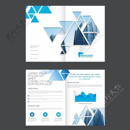 抽象几何三角形企业宣传册设计统计图图表和现代摩天大楼的经营理念