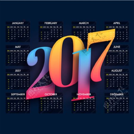 深蓝色日历模板与彩色2017