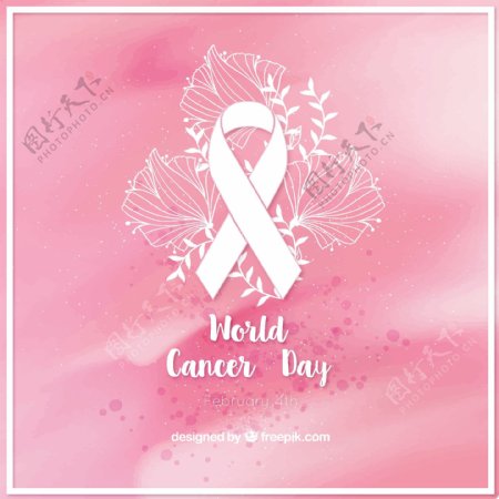 粉红色水彩背景与癌症日丝带和花卉细节