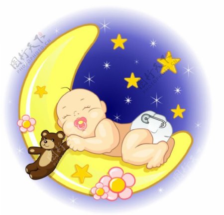 睡梦的小宝宝和月亮矢量素材
