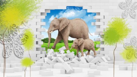 3D大象墙砖背景墙