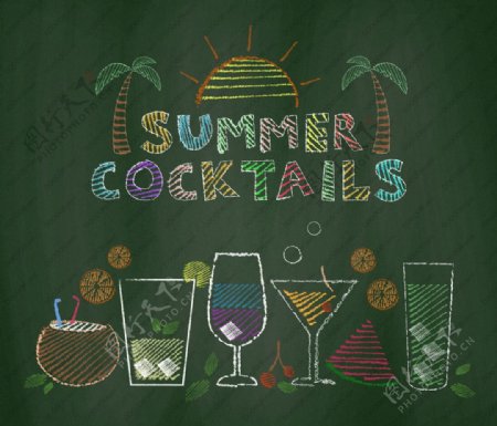 夏日鸡尾酒小黑板粉笔手绘酒吧专用矢量素材