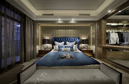 时尚卧室蓝色大床设计图