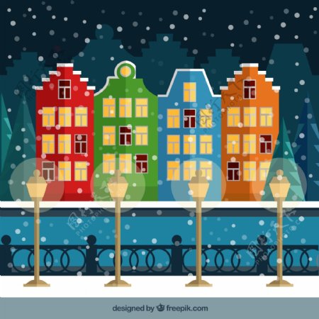 下雪的城市与彩色房屋