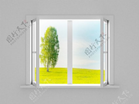 草原风景与窗户图片素材