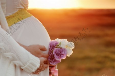 孕妇大肚子与鲜花图片
