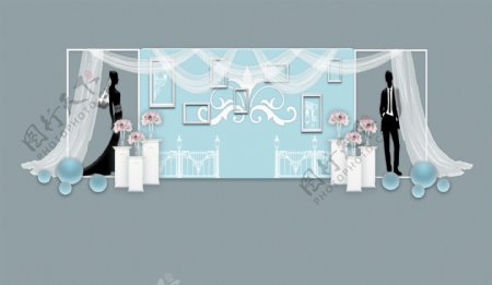 蓝色婚礼舞台背景墙设计效果图