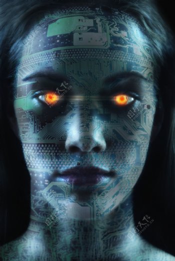 眼睛发光的未来女机器人图片