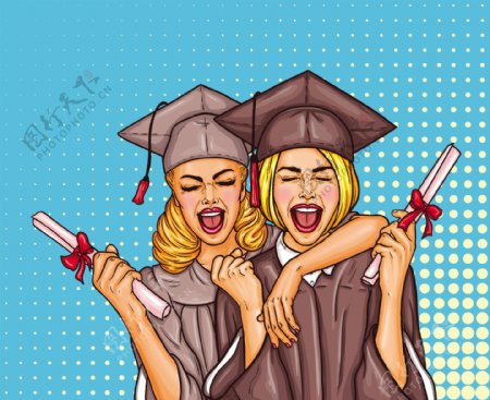 两个波普艺术兴奋的女孩毕业时戴着毕业帽手里拿着大学文凭