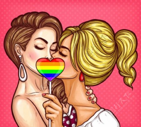 矢量流行艺术女同性恋夫妇亲吻和覆盖他们的嘴唇上的标志在一个彩虹心的形式