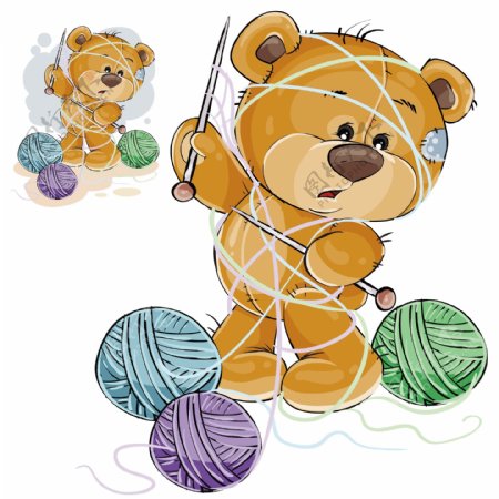 一只棕色的泰迪熊在它的爪子上缠着一根编织针纠结在一起