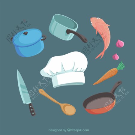厨师帽包食材和烹饪用具