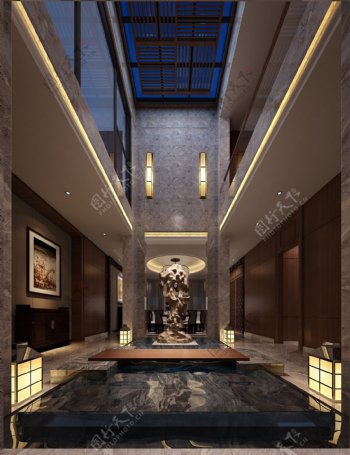 现代时尚蓝色天花板酒店大厅工装装修效果图