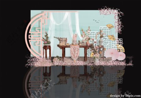 室内设计粉蓝色新中式甜品区psd效果图