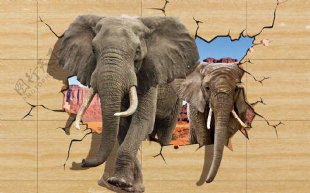 3D立体大象破墙而出创意画背景墙