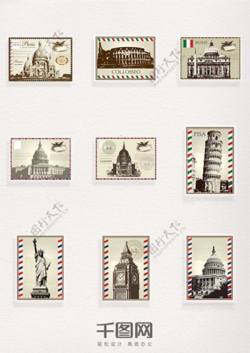 世界各国标志性建筑邮票元素装饰