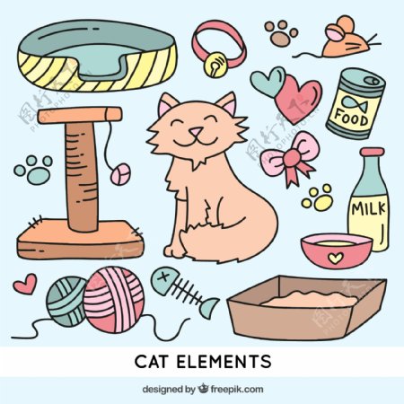 彩色14款可爱猫咪与宠物用品矢量素材