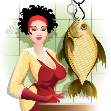 美女和鲤鱼插画