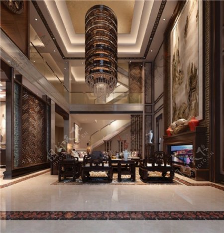 中式客厅别墅3D渲染效果图