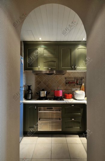 时尚沉稳欧式风格开放式厨房橱柜装修效果图