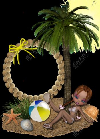 海滩椰树美女相框素材