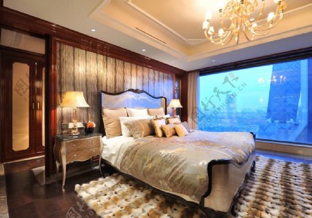中式时尚卧室蓝色玻璃室内装修效果图