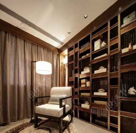 中式时尚木制书架书房室内装修效果图