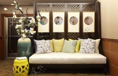 宁静唯美中式时尚客厅沙发效果图