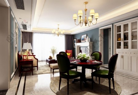 美式清新客厅黑色餐桌椅室内装修效果图