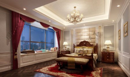 欧式风格卧室红色窗帘室内装修效果图