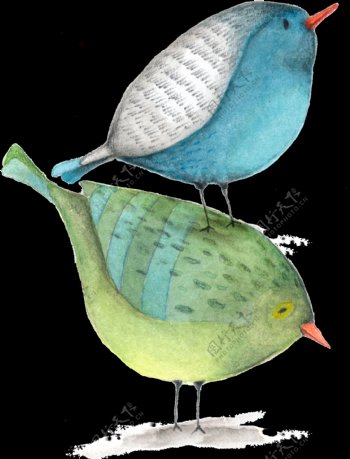 手绘两只小鸟在玩png透明素材