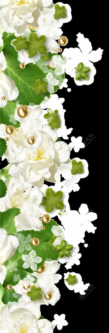 白花绿叶水珠组合花边png透明素材