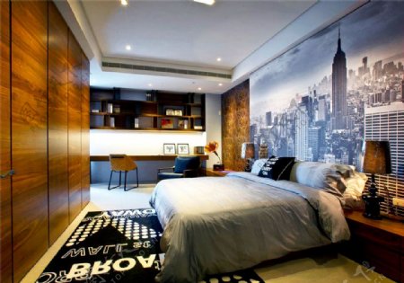 现代时尚卧室黑色字母地毯室内装修效果图
