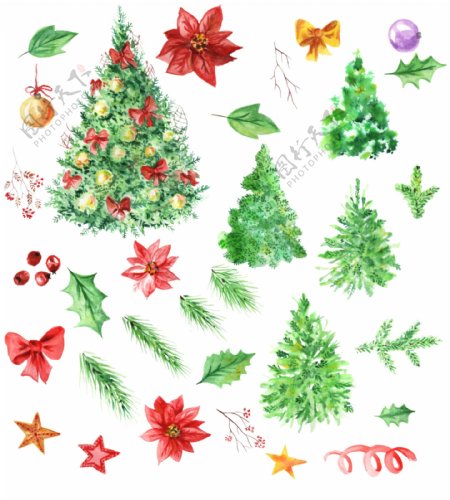 手绘圣诞节装饰植物树木绿叶psd源文件