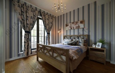 美式清新褐色花纹窗帘卧室室内装修效果图