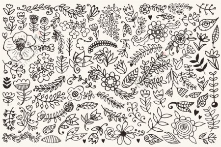 黑白艺术花朵和叶子图案