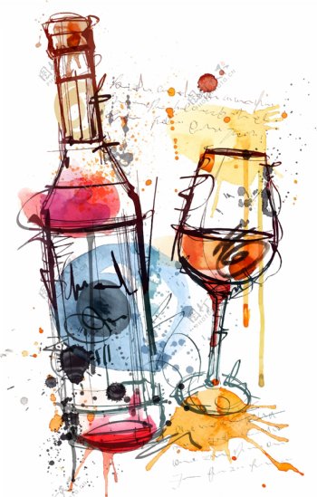 水彩绘红酒和红酒杯子插画