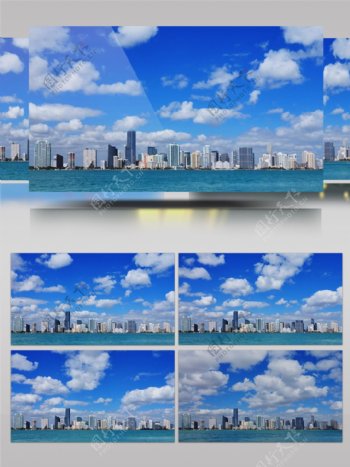 滨海城市天际线蓝天白云固定镜头延时摄影