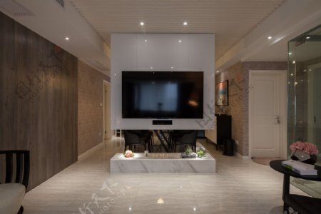 现代时尚客厅浅色瓷砖地板室内装修效果图