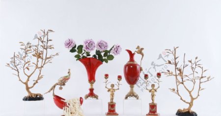 欧美陶瓷配铜摆件天使红色花瓶