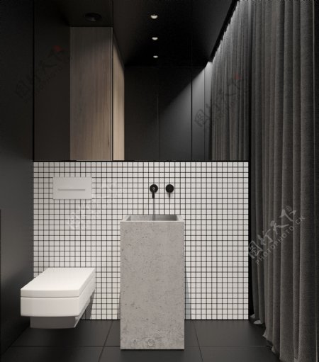 现代简约卫生间黑色亮面地板室内装修效果图