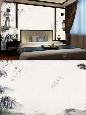 古典中式墨竹卧室背景墙