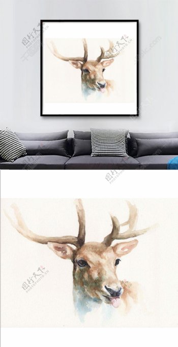 方形手绘小鹿头高清装饰画
