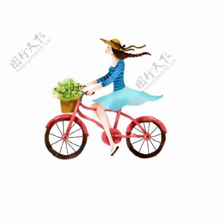 清新骑自行车女孩元素设计
