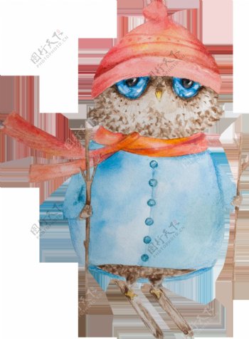 卡通戴帽子穿毛衣滑雪的猫头鹰透明素材