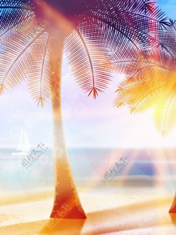 矢量质感梦幻炫彩椰树海岛背景