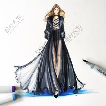 黑色纱裙礼服设计图